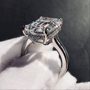 6 Carat Emerald Cut Halo Engagement Ring in Sterling Silver